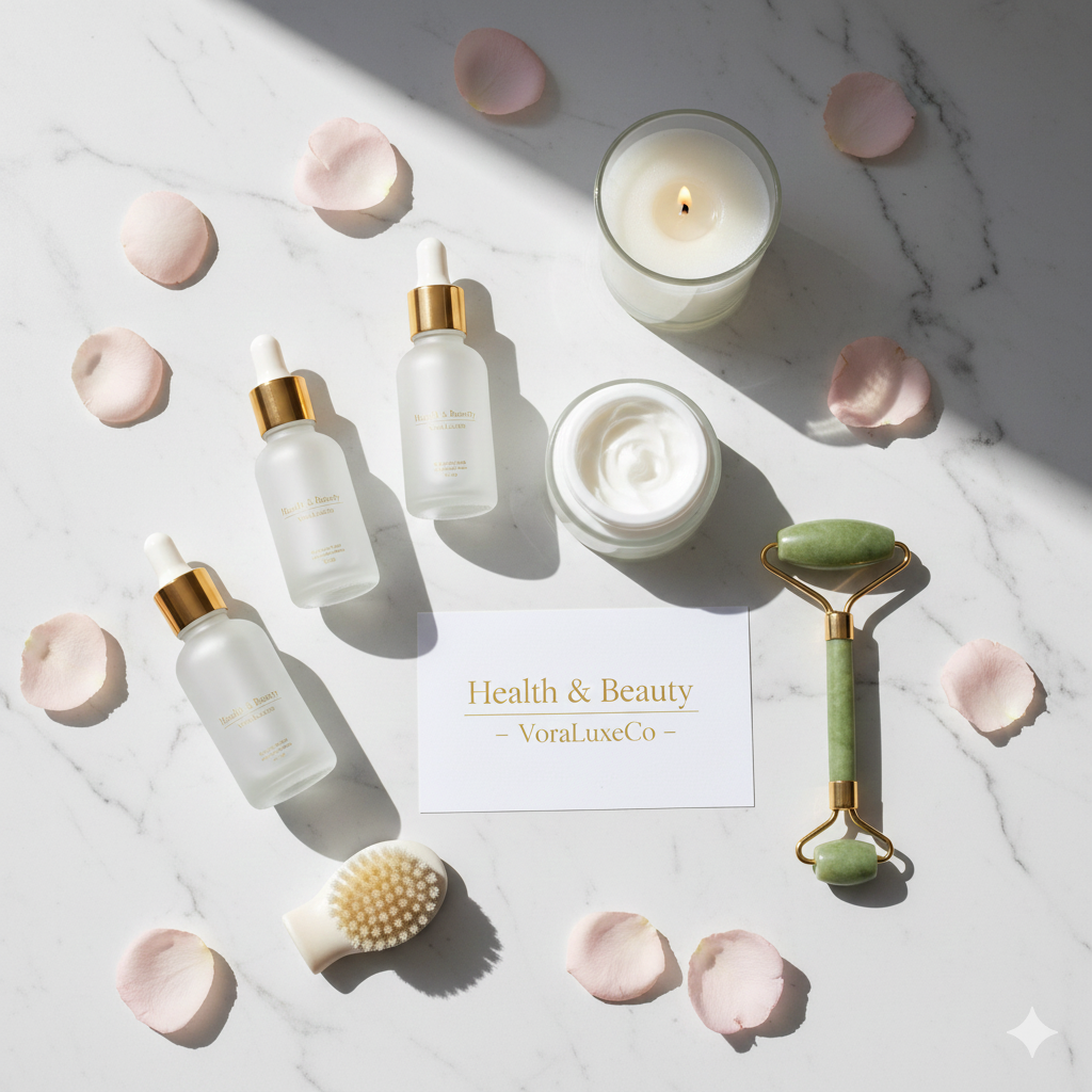 A clean, upscale flat lay featuring luxury glass skincare bottles, a silk sleep mask, a jade roller, and soft white towels on a polished marble surface.