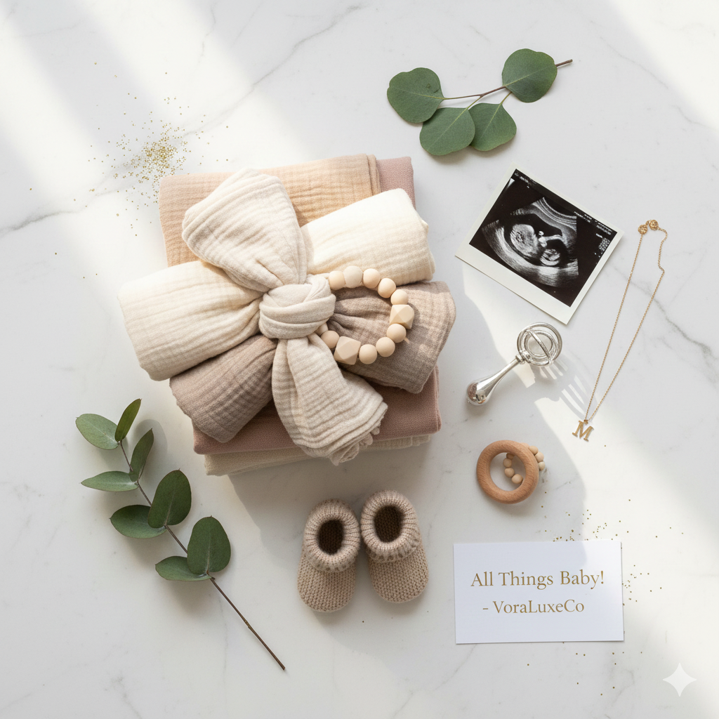 A flat-lay of luxury baby products including a soft cream swaddle, wooden teether, and neutral-toned infant shoes on a marble background.