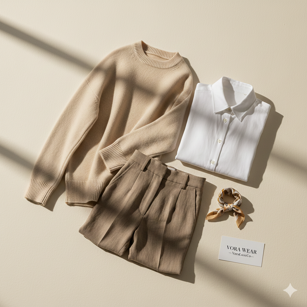 A minimalist clothing rack featuring a neutral color palette of silk dresses, linen shirts, and wool coats against a clean white background.