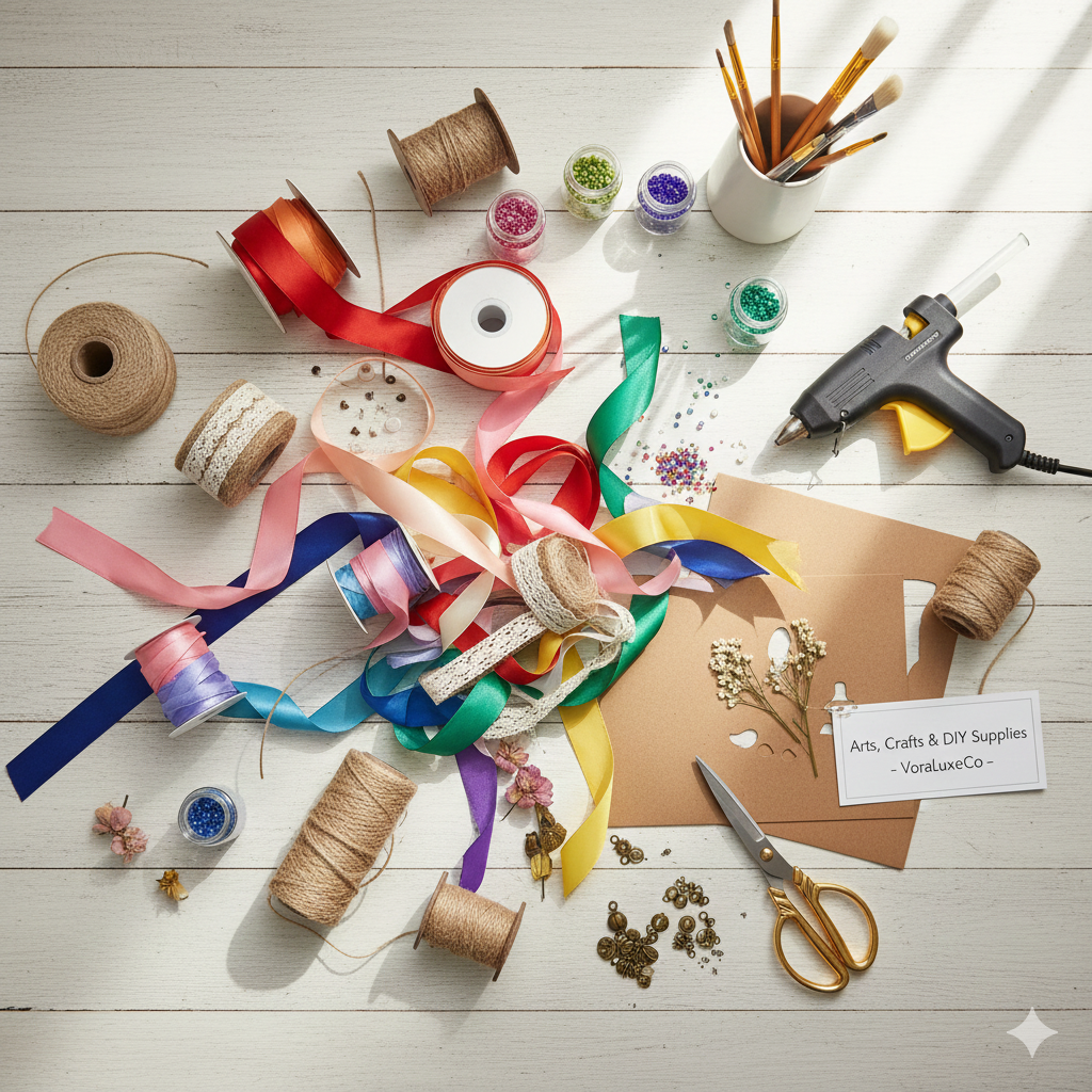 A flat-lay of assorted craft supplies including colorful ribbons, small decorative items, a glue gun, and craft paper on a light background.