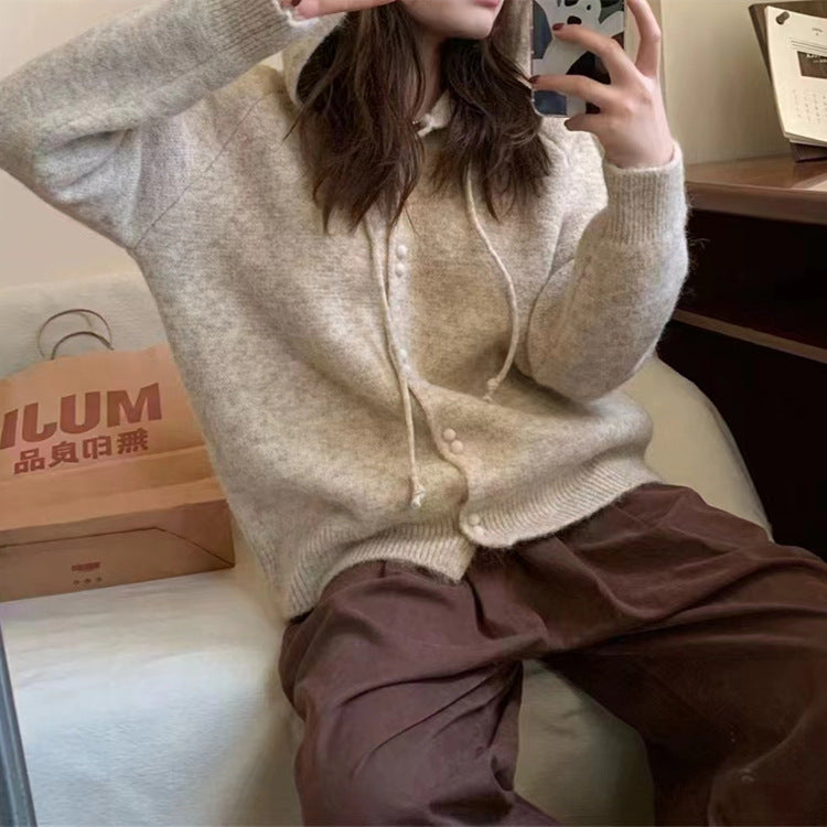 Loose Laid Back Hooded Knit Cardigan Jacket