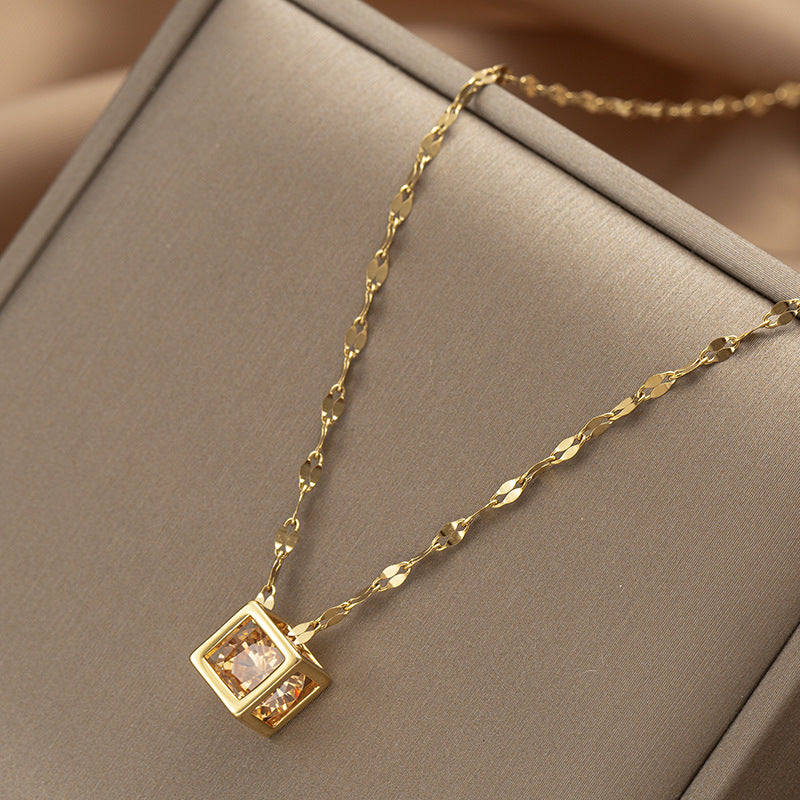 Geometric Hollow Square Zircon Rose Gold Minimalist Necklace