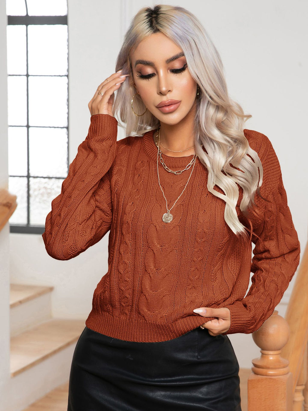 Women's Heritage Cable-Knit Sweater | Loose Fit 3D Relief Pullover