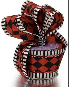 2 1/2" X 10 Yards Red & Black Harlequin Stripe Diamond Checkered Wired Ribbon