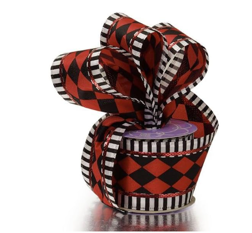 2 1/2" X 10 Yards Red & Black Harlequin Stripe Diamond Checkered Wired Ribbon