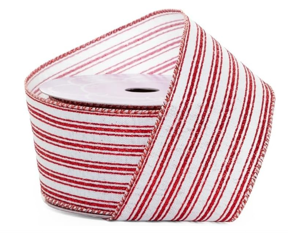2 1/2" X 10 Yards White & Red Tri-Striped Wired Ribbon