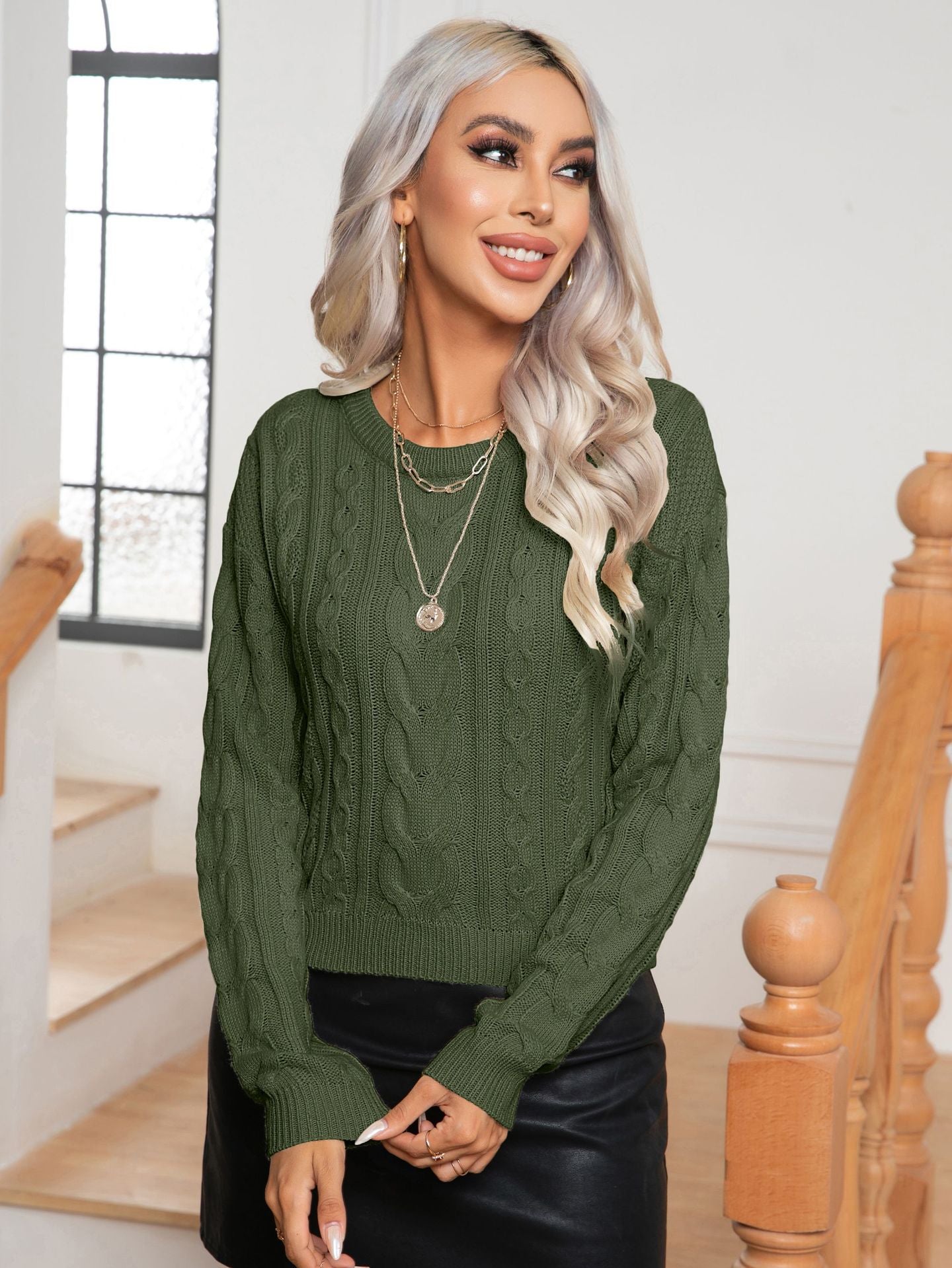 Women's Heritage Cable-Knit Sweater | Loose Fit 3D Relief Pullover